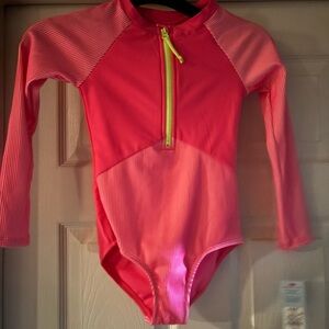 Cat & Jack Neon Pink Long-Sleeve Rashguard One-Piece Swimsuit with Yellow Zip